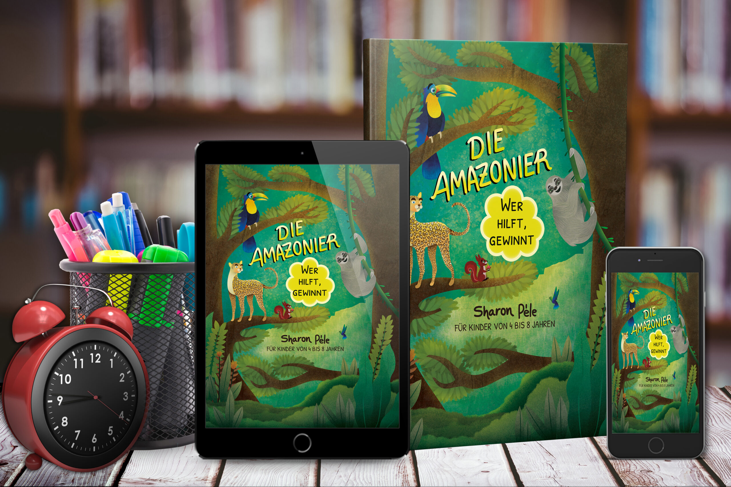 digital composite of wooden table with library background