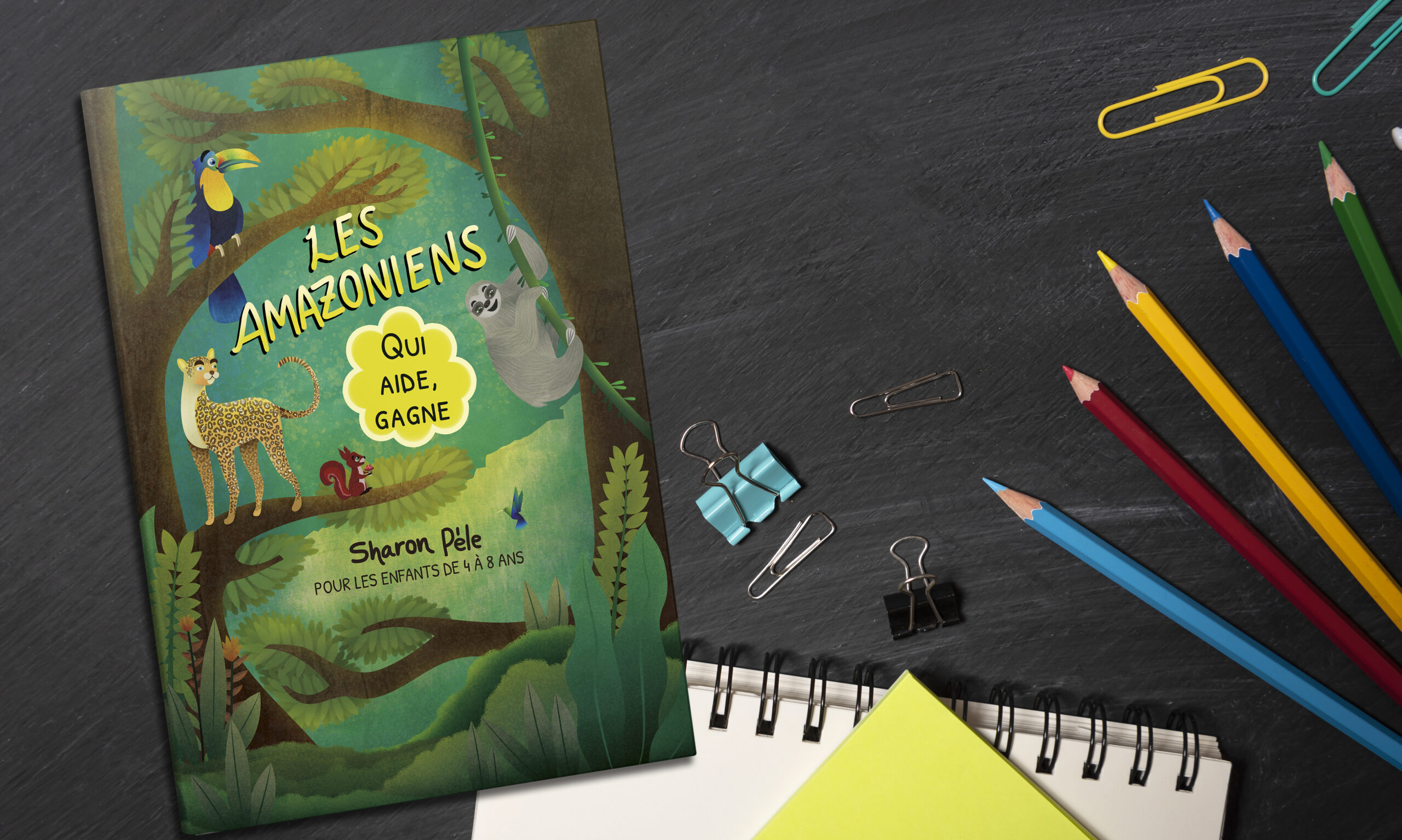 Les Amazoniens back to school. accessories, books and crayons on chalkboard bac