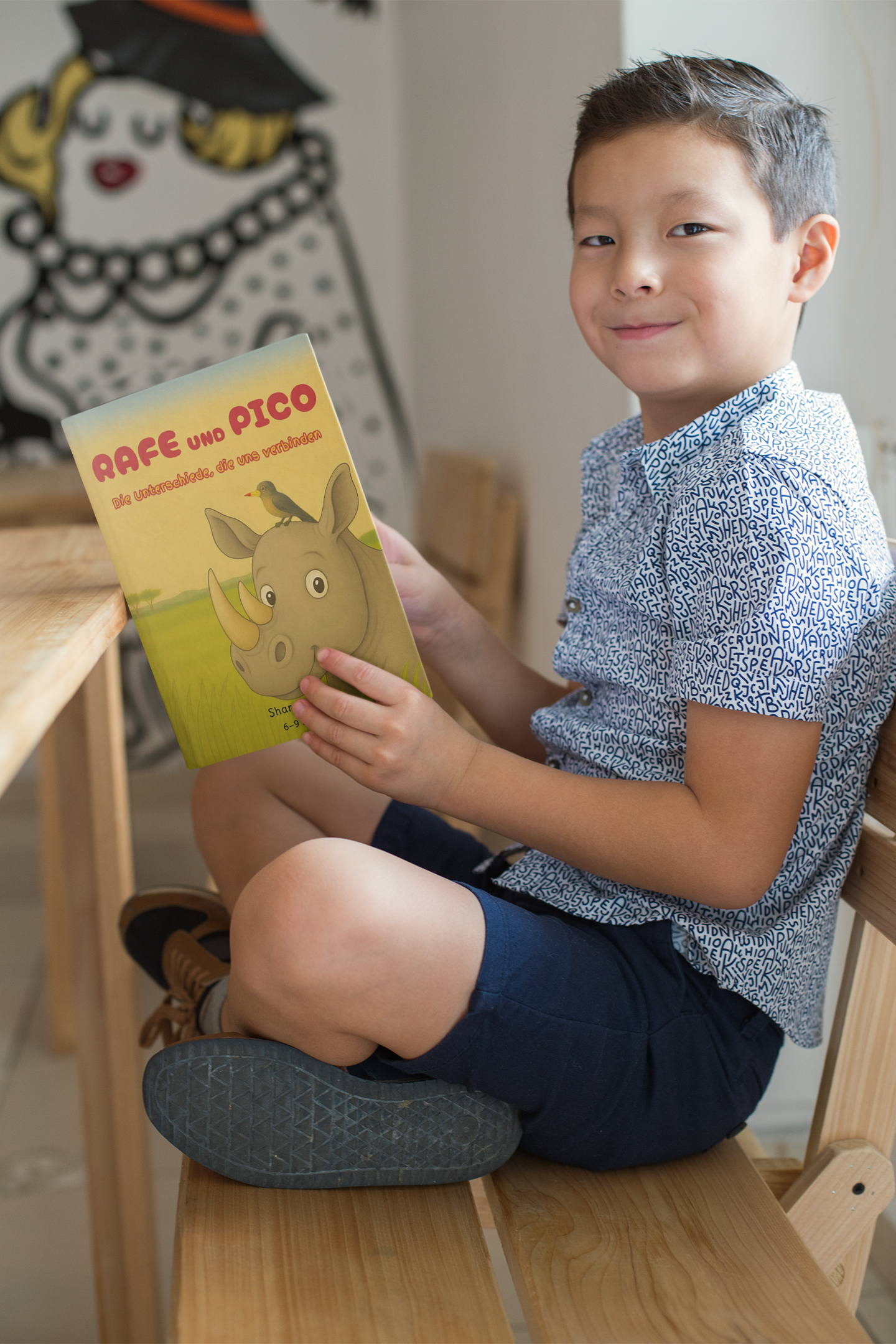 Rafe and Pico United by Our Differences book mockup of a little boy reading and smiling 23726 (2)